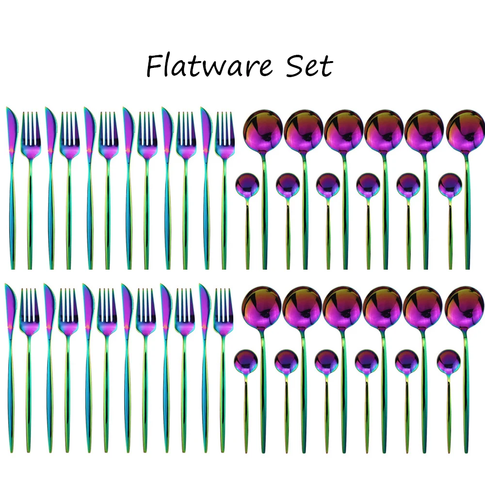 

Colorful Dinnerware Stainless Steel 4/16/24 Pcs Cutlery Rainbow Kitchen Tableware Dinner Set Knife Fork Spoon Silverware