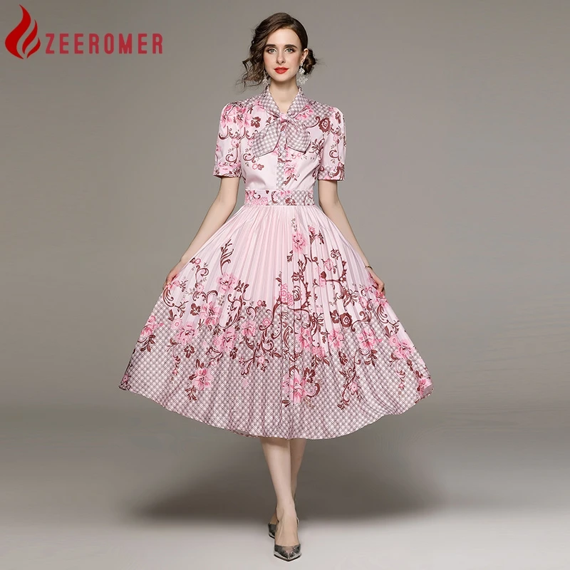 

Женское модельное платье-рубашка ZEEROMER 2023, высококачественное однобортное плиссированное платье миди с бантом на шее и длинным рукавом