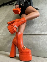 metal buckle thick heel womens fashion ankle boots ultra high platform leather short boots square toe nightclub booties
