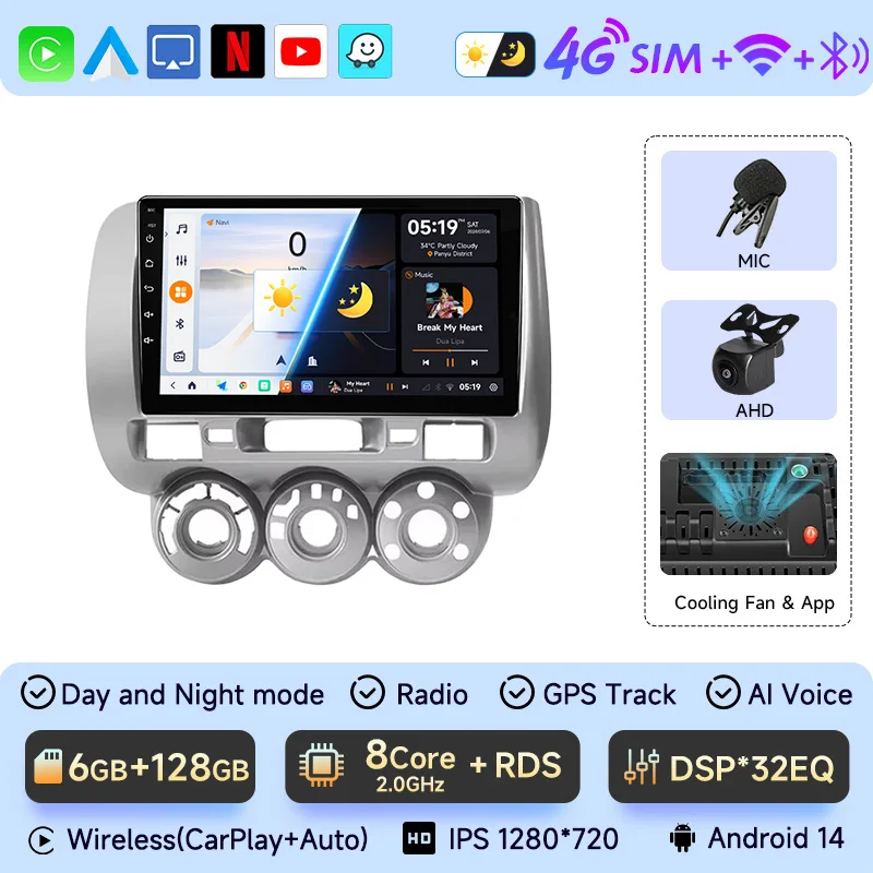 

Android 13 Автомобильный радиоприемник Мультимедийный видеоплеер для Honda Fit Jazz City 2002-2007 Навигация 9 "Carplay Стерео головное устройство справа и слева