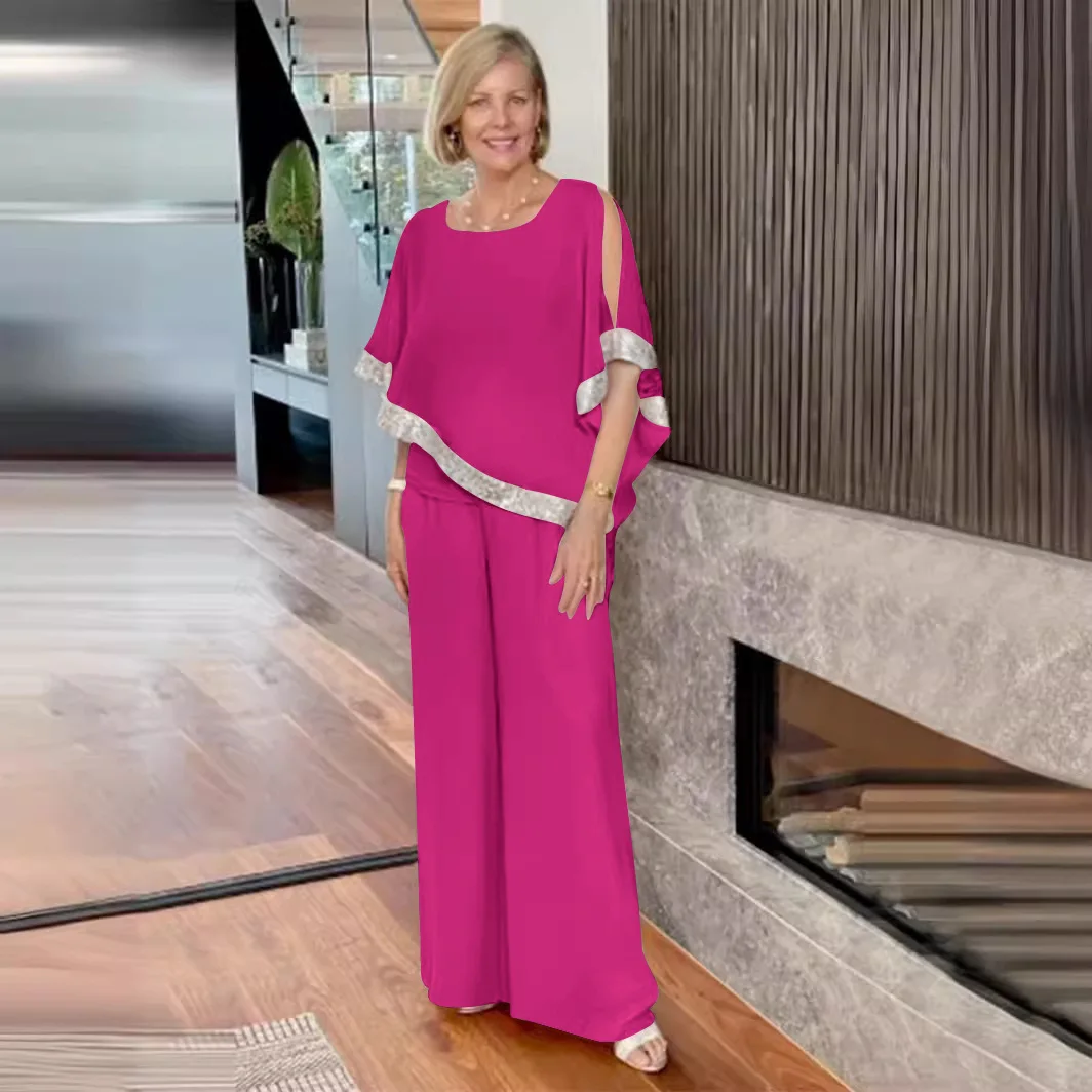 Женский брючный костюм с рукавом летучая мышь и блестками