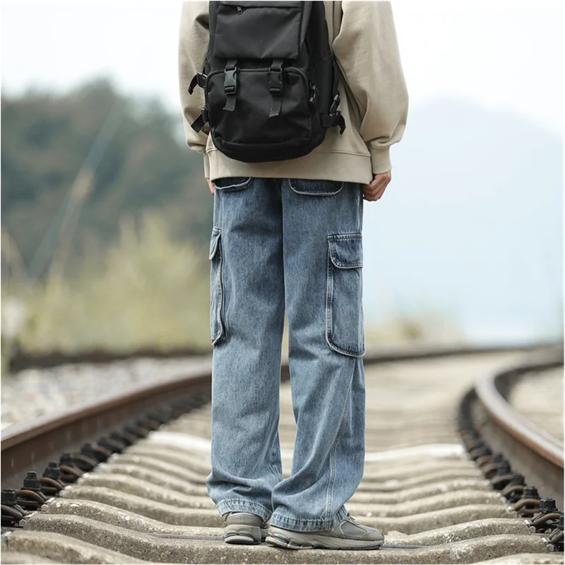 Streetwear Men Vintage Baggy Wide Leg Cargo Pants Versatile Temperament Mopping The Floor Straight Cylinder Jeans Winter Female