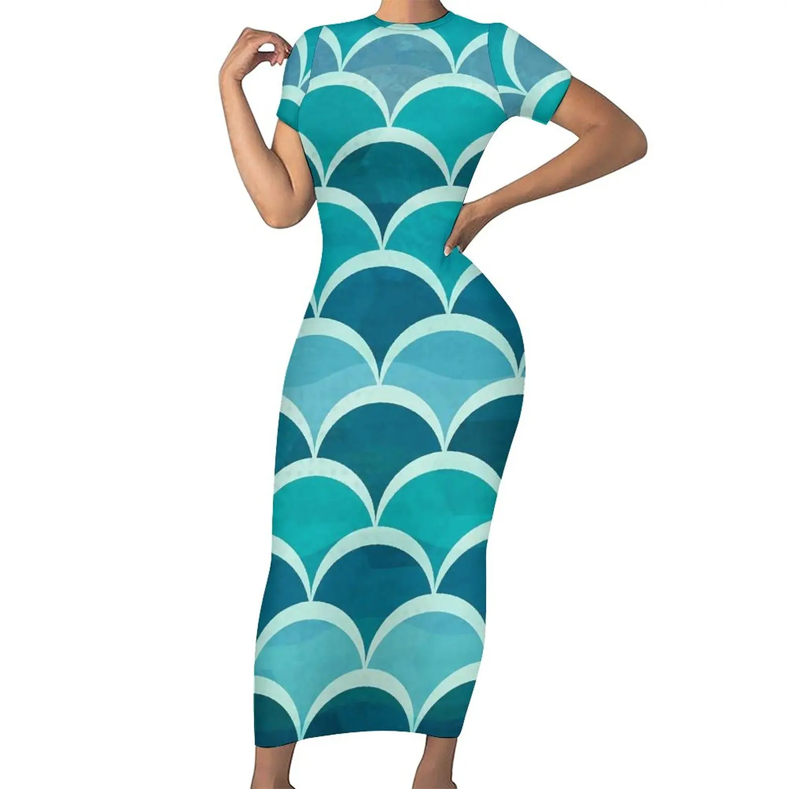 

Mermaid Dress Short Sleeve Green Scales Print Korean Fashion Maxi Dresses Elegant Bodycon Dress Women Design Oversized Clothing