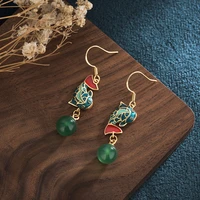 creative asymmetric china style jewelry earrings enamel green carp inlaid emerald beads vintage earrings for women girls gifts
