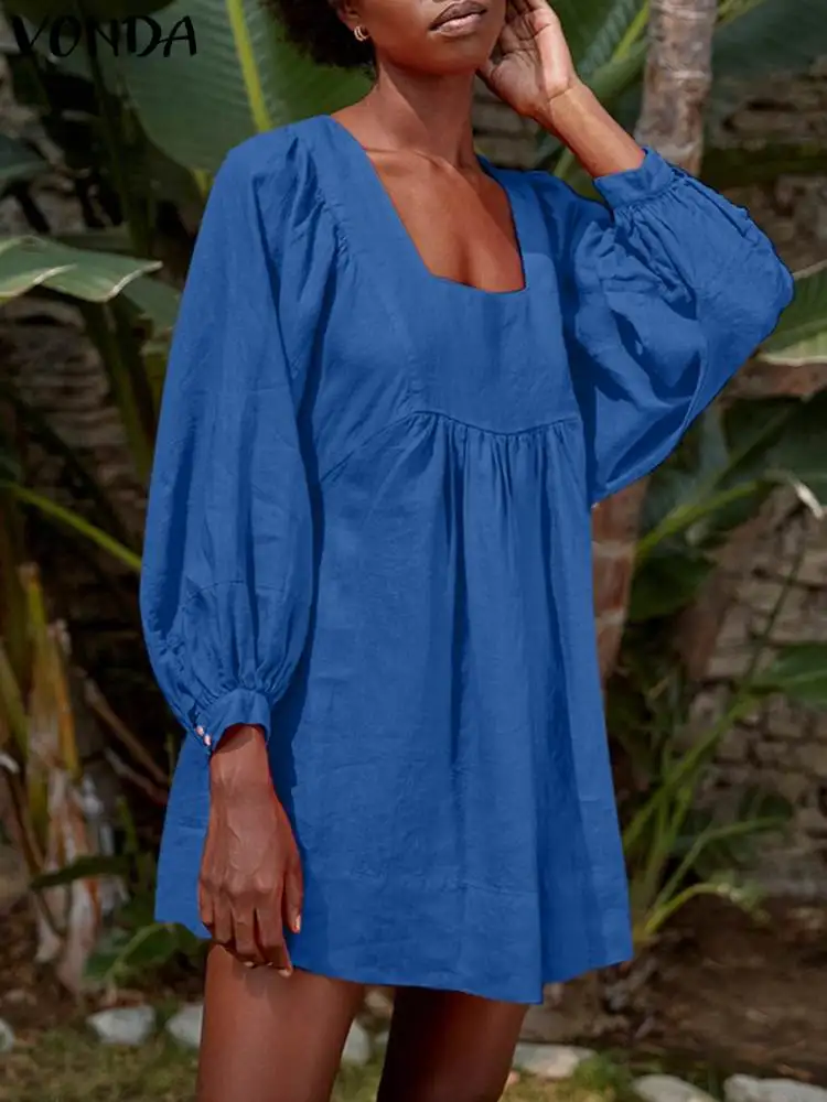 

VONDA Elegant Women Fashion Dress 2023 Autumn Long Sleeve Solid Color Square Collar Short Sundress Casual Pleated Mini Vestidos