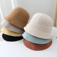 spring summer cotton linen bucket hat women elegant pearl solid knitted breathable fisherman cap foldable sun protection 55 58cm