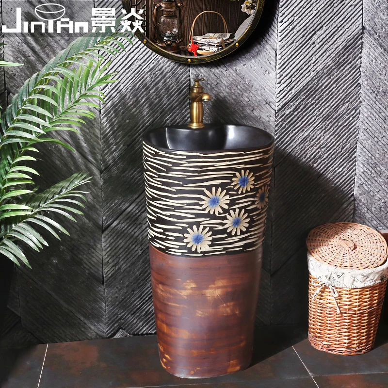 

Retro Ceramic Pillar Basin Pillar Washbasin Antique Outdoor Villa Floor Washbasin Integrated Basin Courtyard bathroom basin