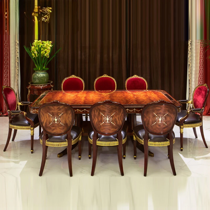 

Classical dining room solid wood dining table European style retro carved rectangular dining table chair combination furniture