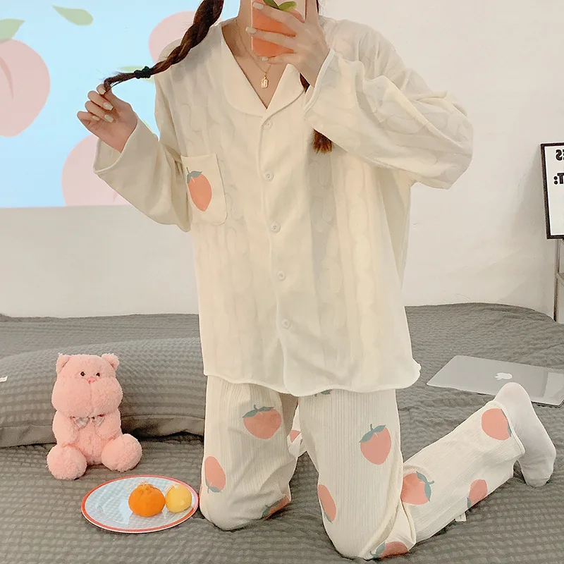 Yasuk Spring Autuum Fashion Women's Casual Sleepwear Homewear Lovely Sweet Girl Pajamas With Pants Soft Simple Strawberry Kawaii