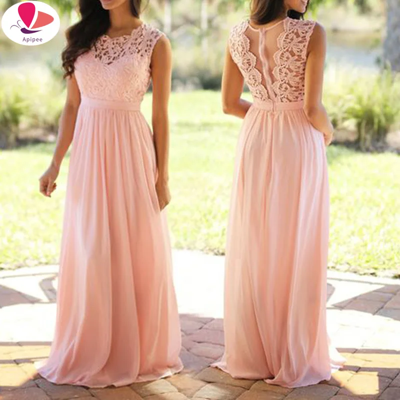 

Vintage Lace Patchwork Long Dress S-5XL Wedding Bridesmaid Party Maxi Dress Robe Femme 2024 Vestidos Pink