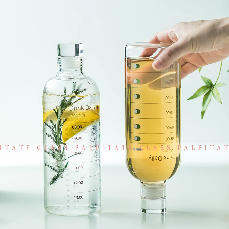 

PALPITATE Large Capacity Glass Water Bottle with Time Marker Cover Water Drink Transparent Milk Juice Simple Cups Birthday Gifts