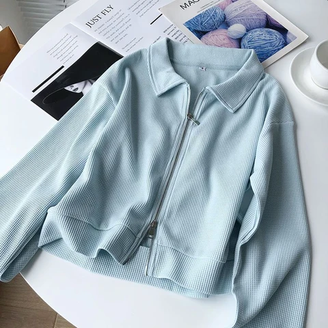 S-3xl Simple Polo Collar Chic Double Zipper Cropped Top Coat All-match Loose Cardigan Sweatshirts 2023 Fashion Clothes For Women