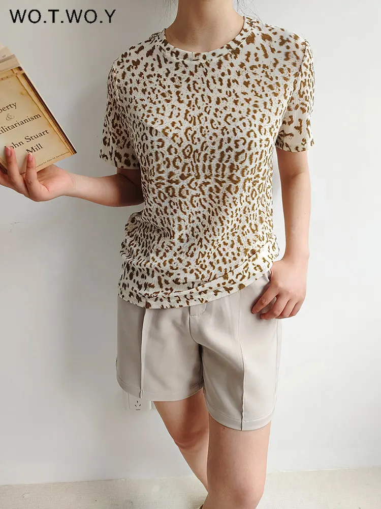 

Женская прозрачная Сетчатая футболка с леопардовым принтом WOTWOY, готический топ с коротким рукавом и высокой эластичностью, женская футболка Harajuku