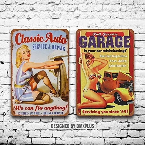 

Metal Sign (Set of 2) Tin Signs 1 Full Service Garage Sexy Pinup Girl Vintage Look Wall Decoration Home Decor Plaque