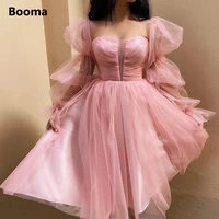 booma pink dotted tulle midi prom dresses sweetheart marie sleeves tea length a line wedding party dresses formal prom gowns