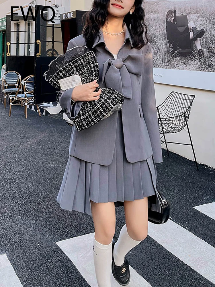 

Женский комплект из двух предметов, плиссированная мини-юбка с отложным воротником и бантом, с длинным рукавом и высокой талией, 26D1663, весна 2023