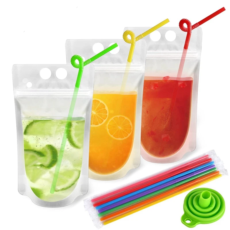 

100Pcs Reusable Drink Pouches With 100 Individually Wrapped Straws For Adults Clear Drink Bags With Disposable