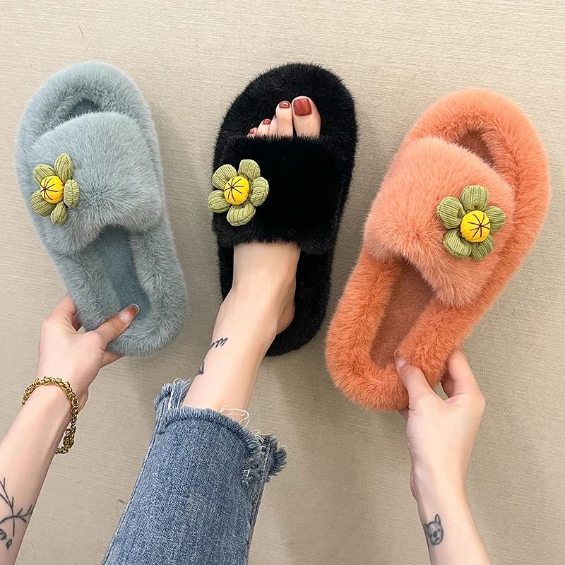 

2022 Sandals Velvet Shoes Summer Heels Large Size Shallow Mouth Med New Suede Outside Girls Big Fur Medium Fashion Flower Flock