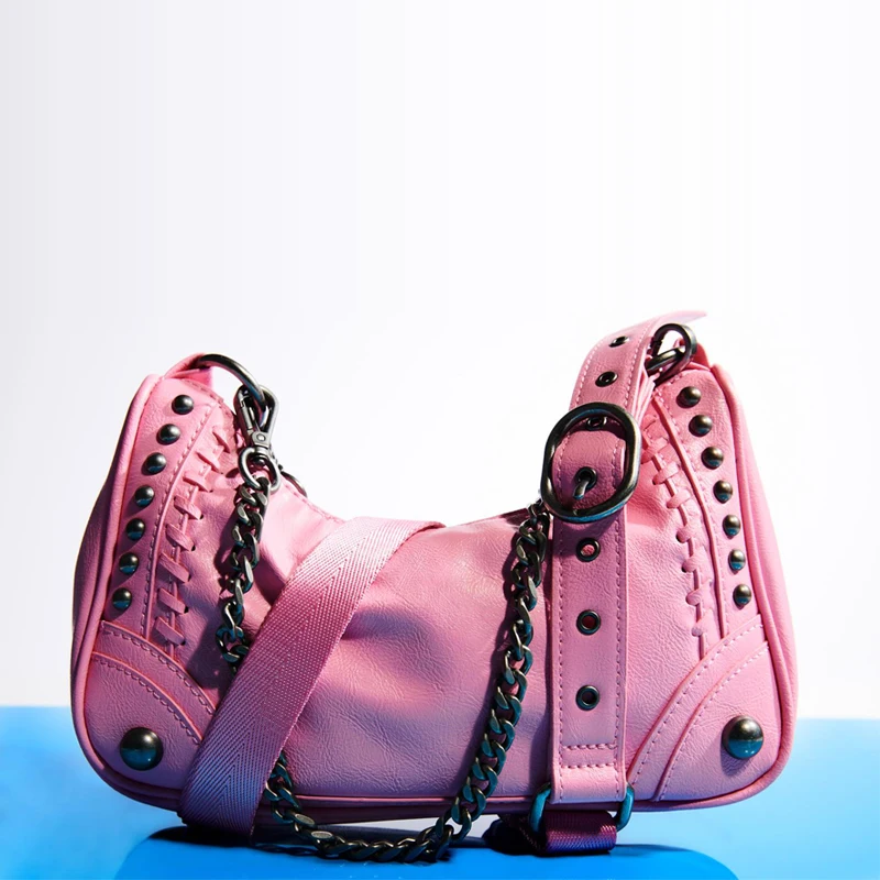 

Vintage Chains Rock Crossbody Bag Designer Brands Rivet Women Shoulder Bags Luxury Soft Pu Leather Lady Handbags Punk Purse 2022