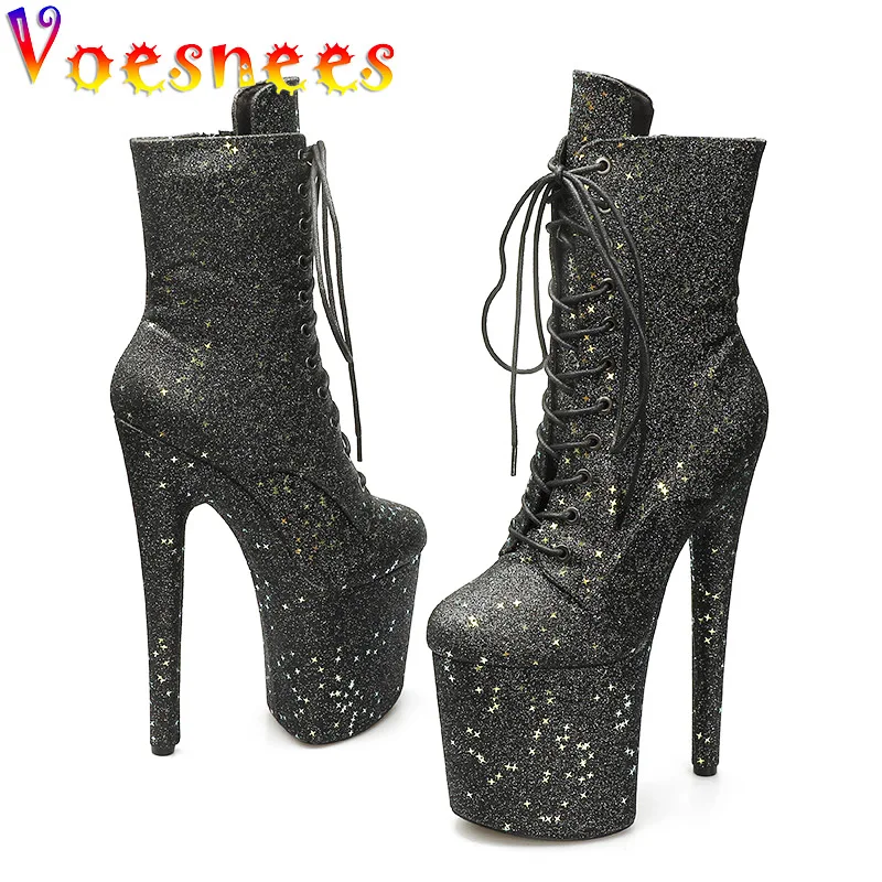 

Черные женские туфли на платформе с блестками, Роскошные блестящие привлекательные короткие ботинки со звездами и круглым носком на высоком каблуке 20 см, модель подиума, шоу, ночного клуба