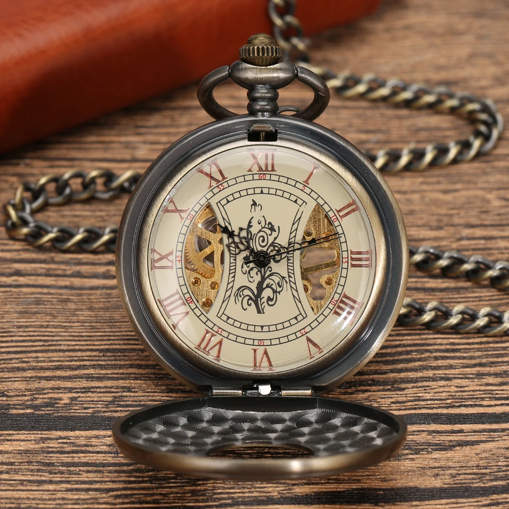 Vintage Flowers Roman Numerals Dial Bronze Mechanical Pocket Watch Punk Retro Hand Winding Pocket Timepiece with Fob Chain
