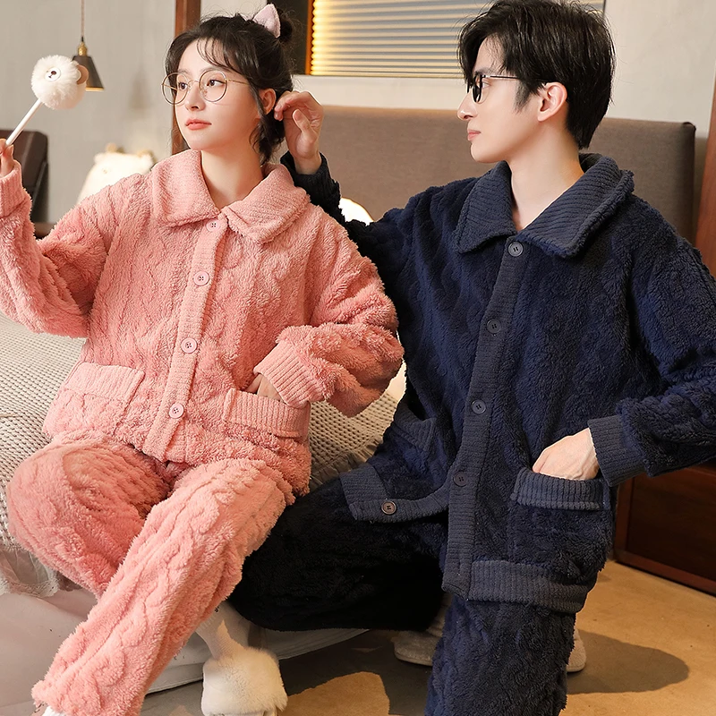 Winter Warm Couple Pajamas Man Women Fashion Thick Sleep Wear Solid Color Home Clothes Sleepwear