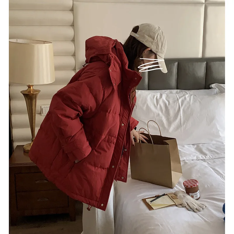 Solid Color Casual Hooded Down Jacket Women's 2022 Winter New Loose Small White Duck Down Jacket Thick Coat Regular With Zipper