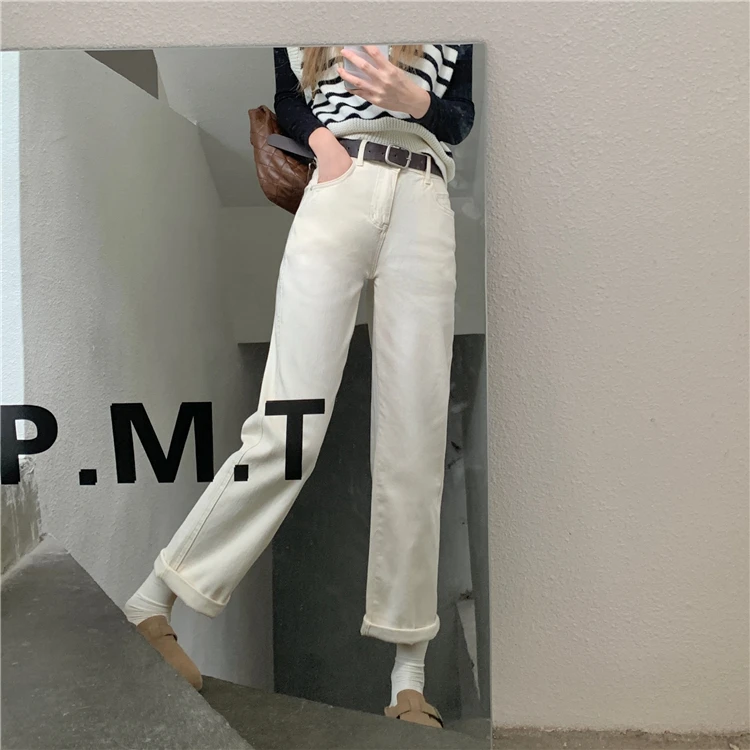 

DD1487 High waist jeans women's new all-match thin curly loose wide-leg long pants jeans