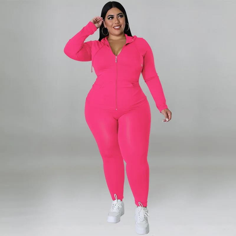 Plus Size Jumpsuits Solid Zipper Hooded Long Sleeve Tights Plus Size Women Clothing Sporty Slim Fit Matching Set Elastic Waist