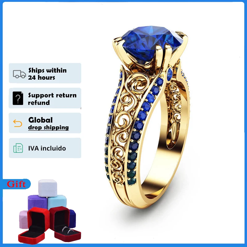 HOYON 14K Gold Color Blue Sapphire Ring For Women Wedding Jewelry Diamond Style Ring Red Gemstone Ruby Rose Ring Free Shipping