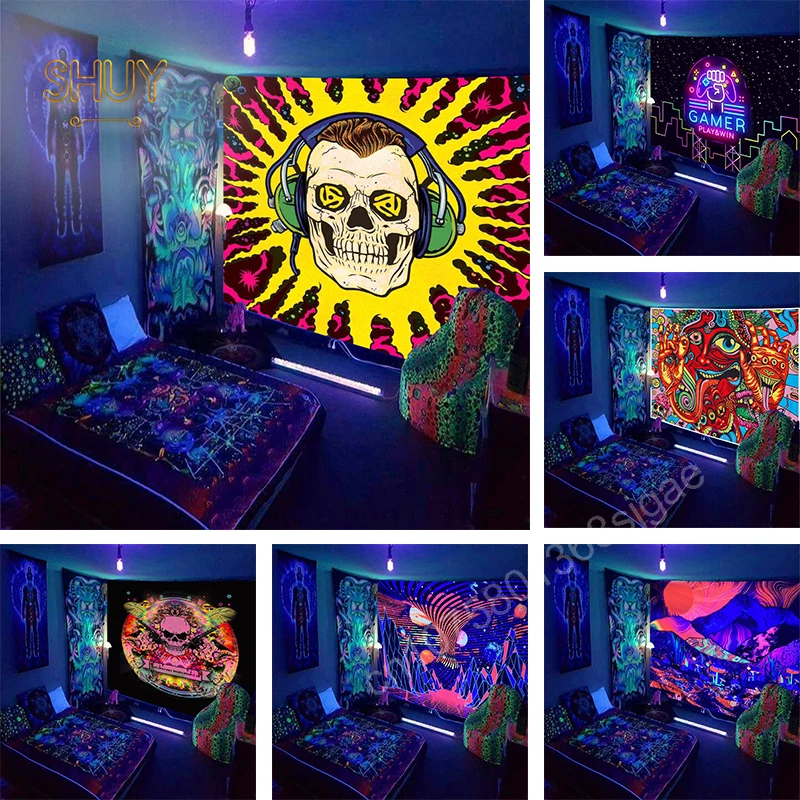 

Explosive Neon Fluorescent Tapestry Skull Game Psychedelic Decor Background Fabric Dormitory Wall Hanging Cloth Home Tapestries