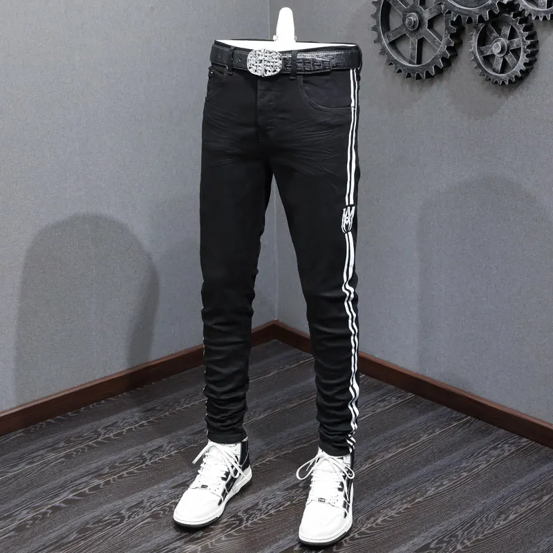 

High Street Fashion Men Jeans Black Elastic Punk Trousers Stretch Skinny Printed Designer Jeans Men Hip Hop Brand Pants Hombre