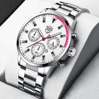 luxury mens silver stainless steel watches calendar men fashion business casual leather quartz wristwatch luminous clock