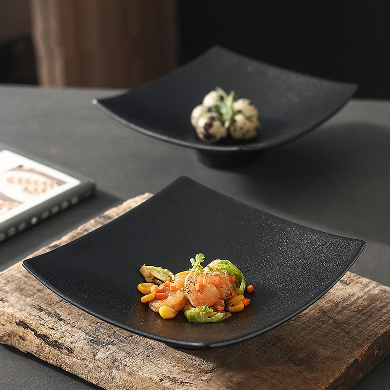 

7.5 Inches Matte dinner plates Square Dishes Black Ceramic Plate Household Tableware Retro Grilled Meat Dish