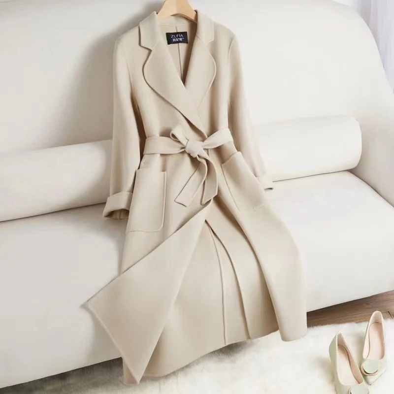 

White Belt Double-sided Cashmere Coat Women's 2023 New Fashion Temperament Winter Slim Wool Coat Solid Female Long Windbreaker