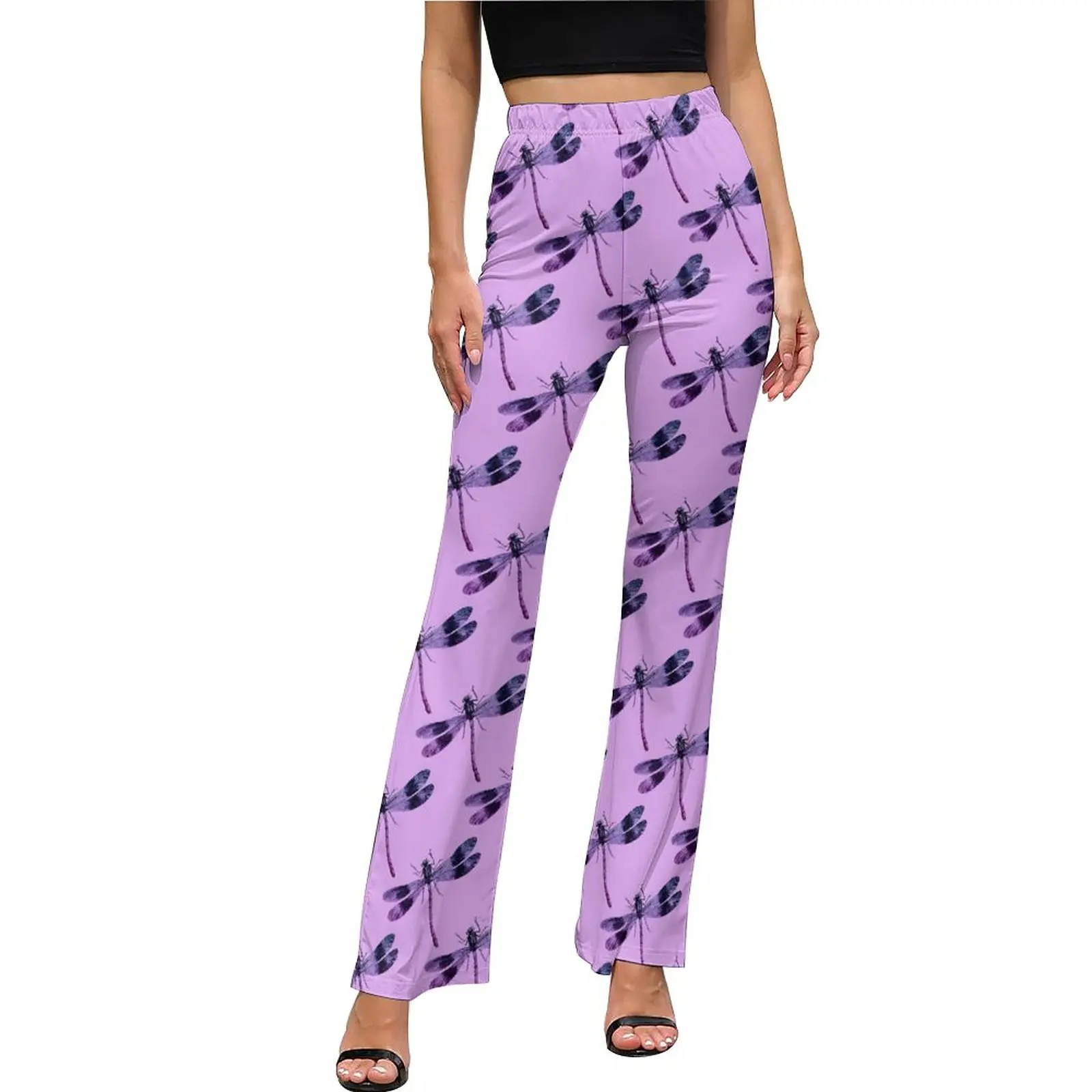 

Lavender With Dragonfly Casual Pants Spring Animal Print Trendy Flared Trousers Elastic High Waist Slim Stretch Harajuku Pants