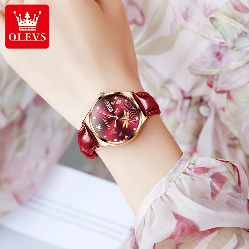 OLEVS 2023 New Top Brand Automatic Mechanical Watch Women Fashion Wine Red Trend Womens Watches Waterproof Genuine Leather Strap enlarge