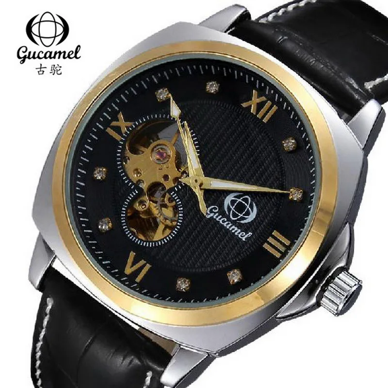 

GUCAMEL Fashion Roman Numerals Automatic Mechanical Wristwatch for Men Luminous Wrist Watches Leather Band Relogio Masculino