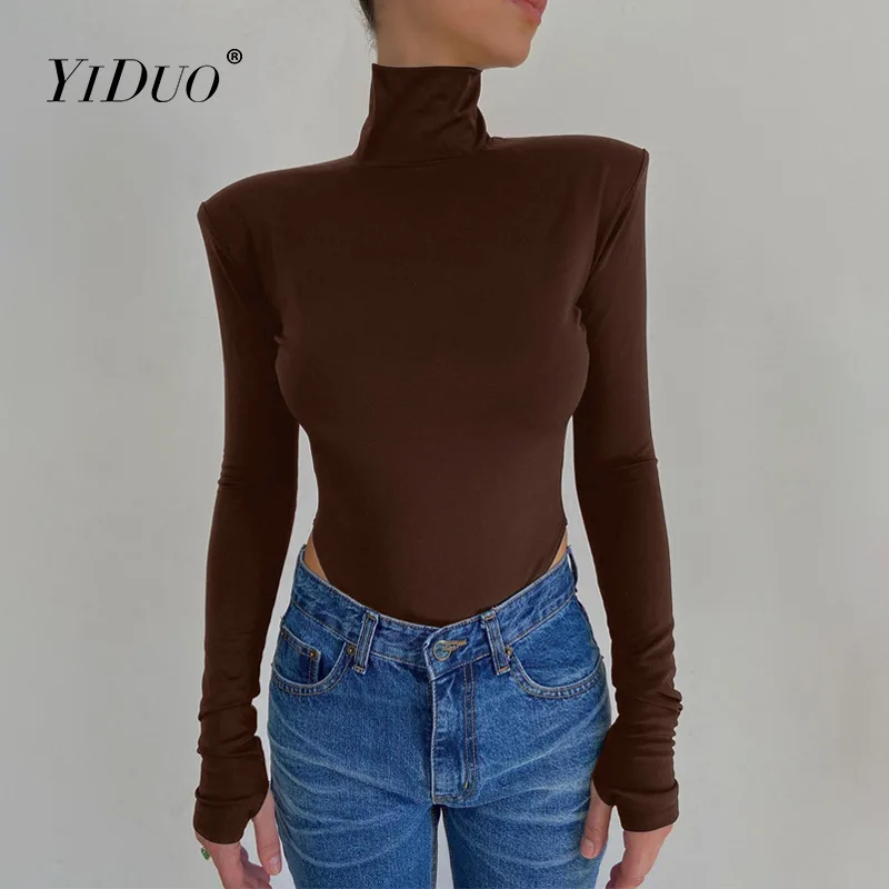

YiDuo 2022 Long Sleeve Shoulder Padded Backless Sexy Bodysuit Women Fashion Turtleneck Skinny Party Club Bodysuits Jumpsuit