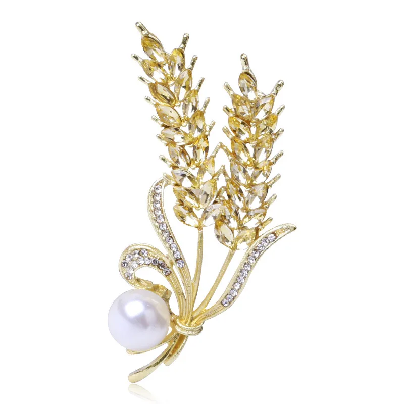 

2022 New Rhinestone Yellow Wheat Brooches For Women Unisex Pearl Grain Flower Party Office Brooch Pin Gifts