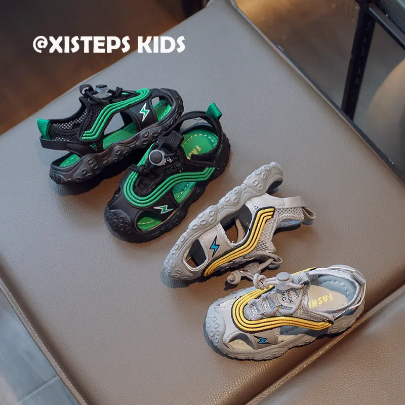 

Closed Toe Children Summer Sandals Non-slip Hollow Out Boys Girls Beach Sandals Grey Black 1-7Y Toddler Outdoor Footwear 2023