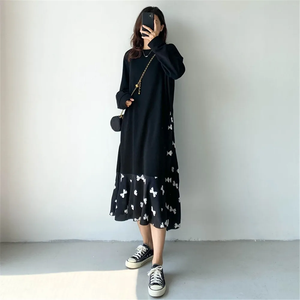 

Dress Crew Neck Spliced ​​pleated Chiffon A-line Skirt Loose And Casual Slim Long Skirt Korean Autumn Spring New Fashion 2022