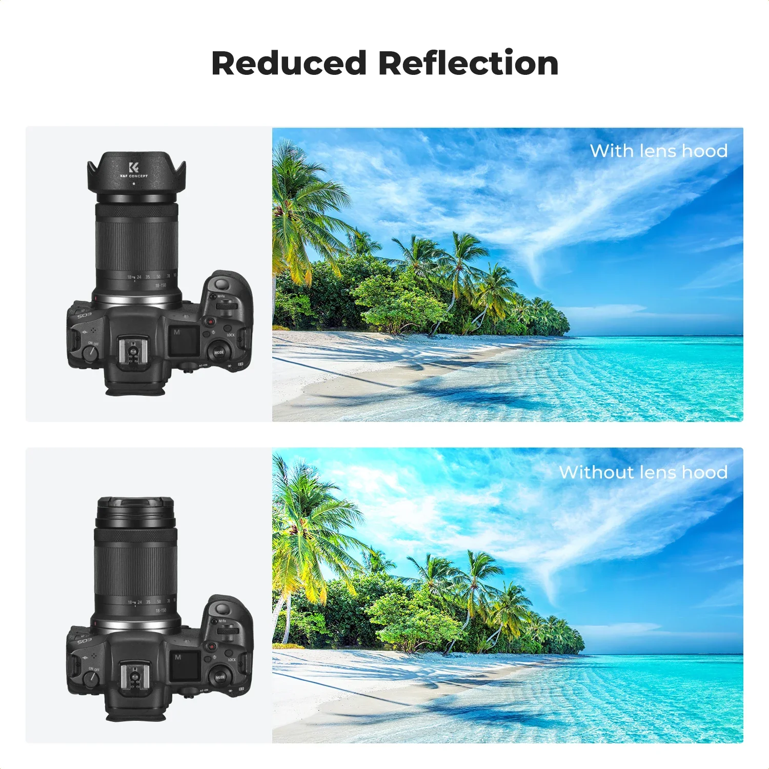 Фото K&F CONCEPT Бленда для объектива Canon реверсивная на защелке сменный солнцезащитный козырек ET74B EW60F EW65C байонетное крепление черный №4
