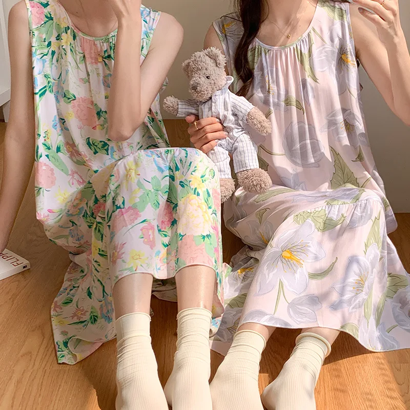 Thin Loose Attractive Women's Nightwear Summer Pajamas Nightgowns Loungefly Night Dress Women Sleeping Wear Sleeveless Printing