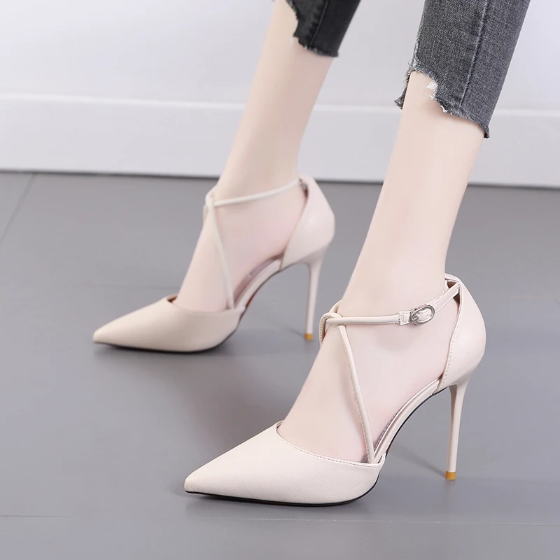 Pointed Toe Cross Strap Stiletto High Heels Women Sandals Solid Color PU Leather Hollow Buckle Elegant Ladies Shoes Office Shoes