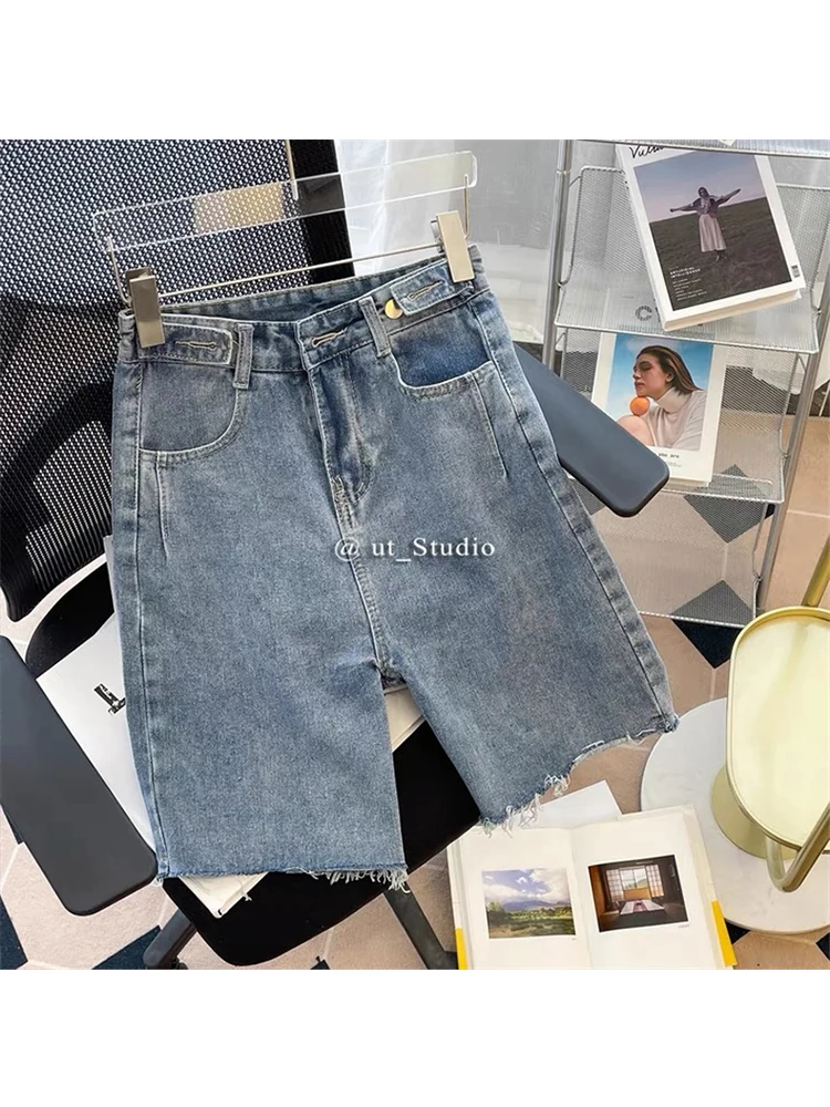 

2022 Summer Women High Waist Blue Wide Leg Denim Shorts Female Casual Fashion Solid Streetwear Stright Jeans Five Points Trouser