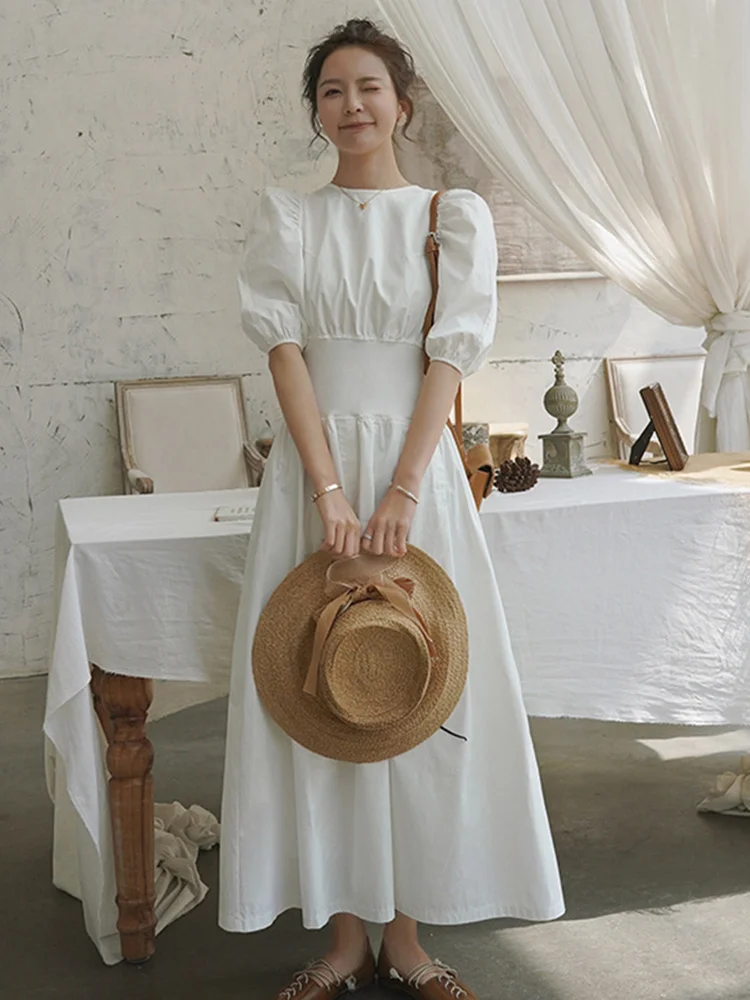 

Gentle Bubble Sleeve White Dress For Women Temperament O-neck Waist Simple Mid-calf Female Dress 2022 Summer New B148