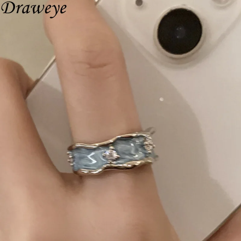 

Draweye Forefinger Metal Rings for Women Irregular Glaze Vintage Korean Fashion Anillos Mujer Ins Simple Blue Jewerly