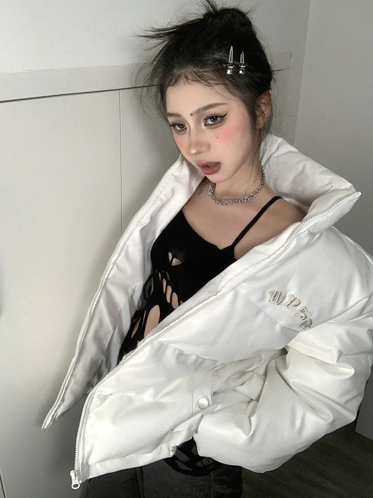 White Cotton-padded Jacket Outerwear Women Winter Korean Letter Design Sense Loose Thick Warm Pu Leather Coat