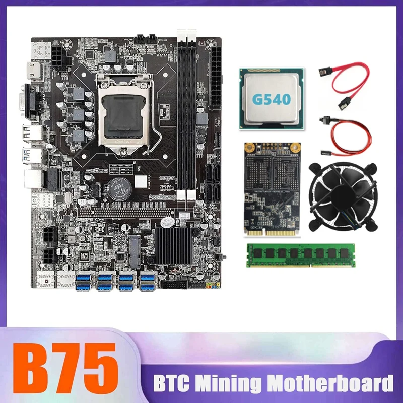 

B75 BTC Miner Motherboard 8XUSB+G540 CPU+DDR3 4G 1333Mhz RAM+MSATA SSD 128G+CPU Cooling Fan+SATA Cable+Switch Cable